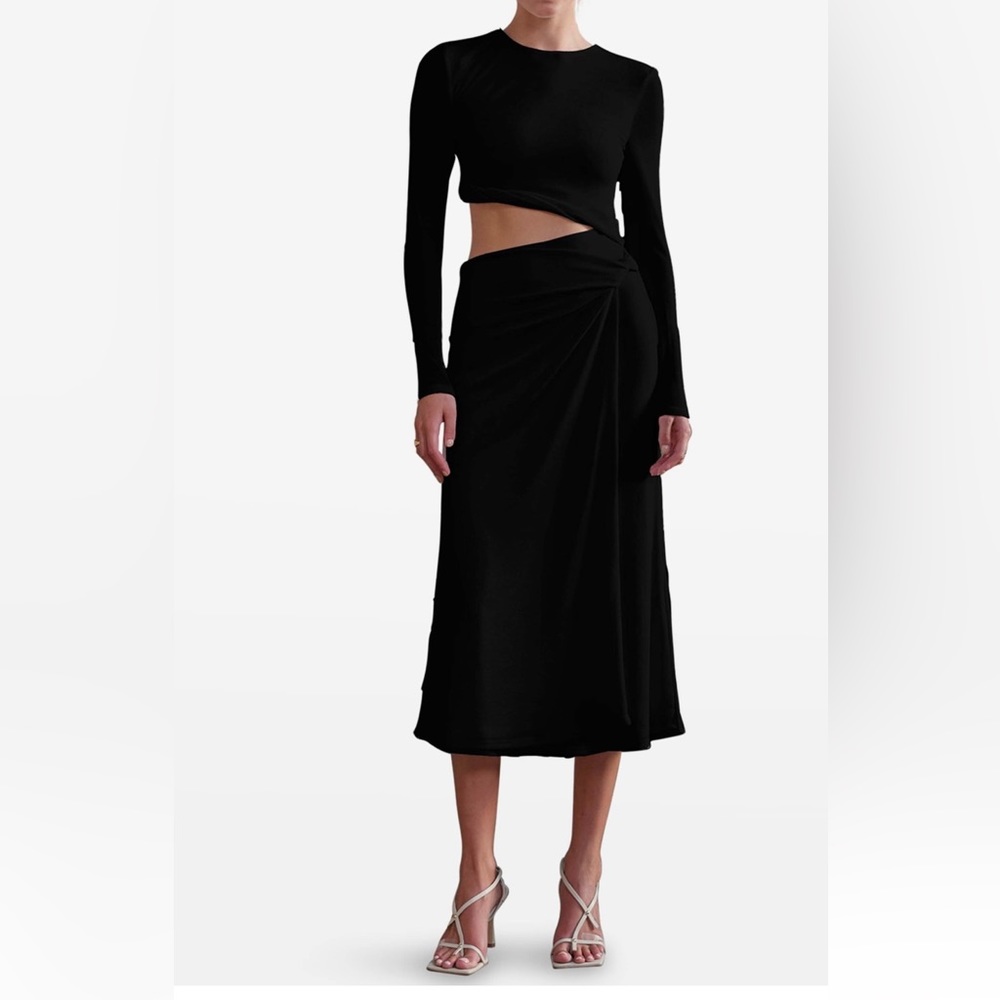 MISHA ARMA CUTOUT LONG-SLEEVE MIDI DRESS